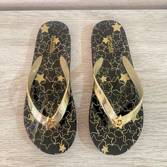 Michael Kors Sandals MK Flip Flops 6 Thong Gloss Black Metallic Gold Stars - Picture 3 of 12